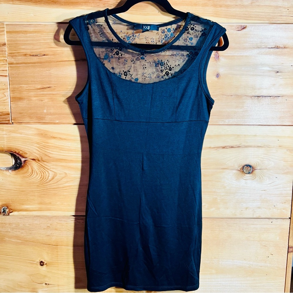 Forever 21 XXI Tiny Black Lace Mini Dress Slinky Tight Whimsigoth BadGirl Size L